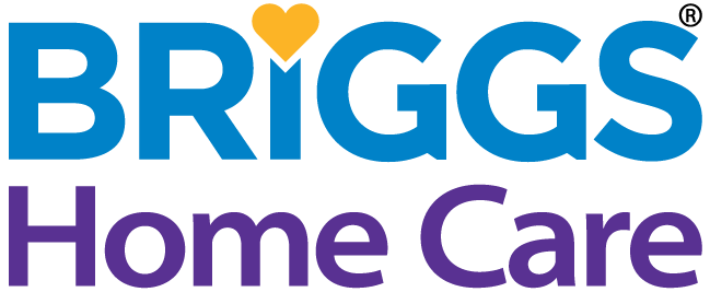The official logo of Briggs Home Care, featuring bold blue and purple text with a heart icon above the letter "I"